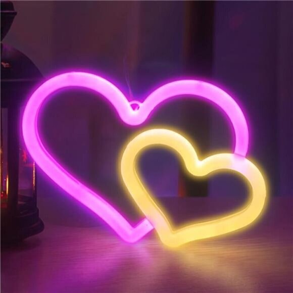 Heart Neon Signs Pink Decorations Lights LED Wall Décor Wedding, Party, Home NEW - Picture 1 of 8